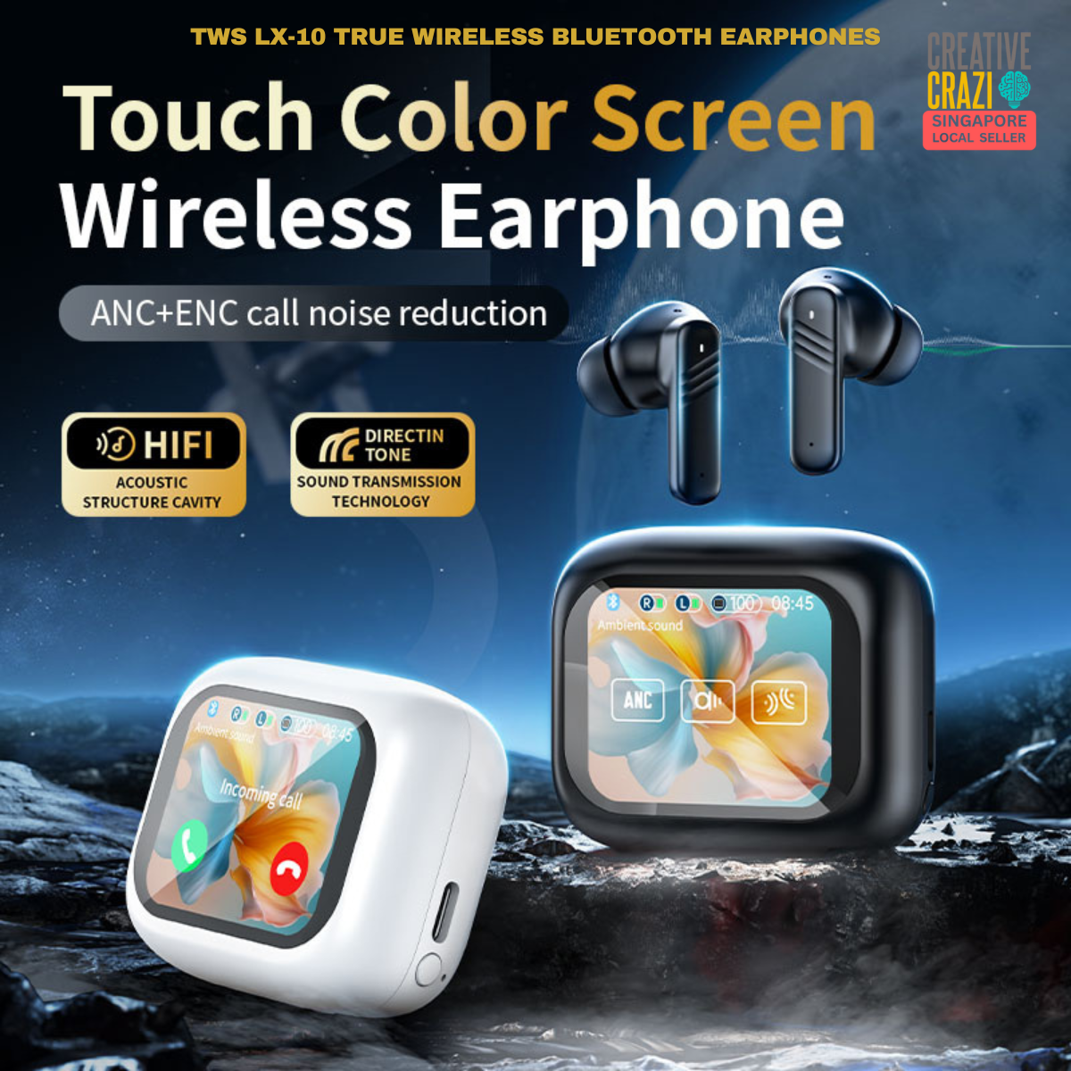 LX-10 ANC + ENC Bluetooth Earphone HD Screen Touch Active Noise Cancellation Bluetooth 5.4 Earbud