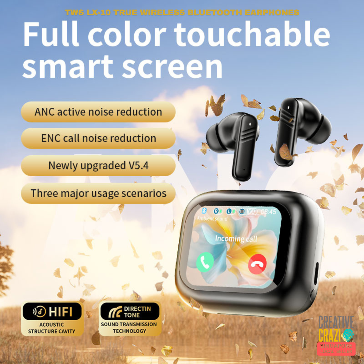 LX-10 ANC + ENC Bluetooth Earphone HD Screen Touch Active Noise Cancellation Bluetooth 5.4 Earbud