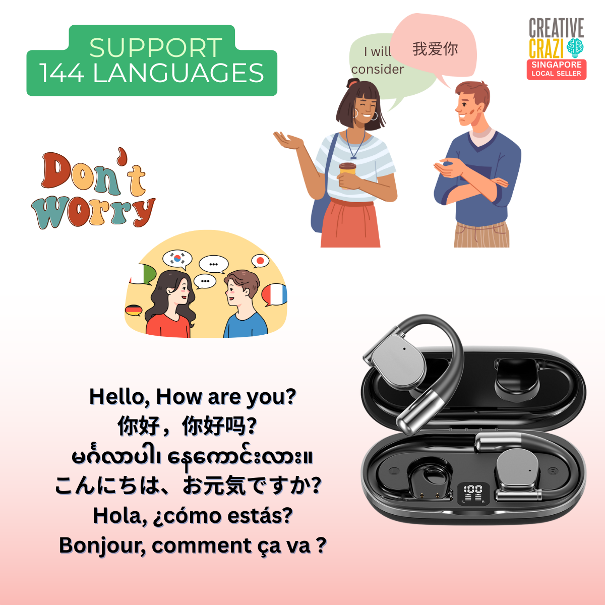 AI Real-Time Translator Earbuds M111– Bluetooth 5.4 , 144 Languages , Wireless Translation for Travel & Business