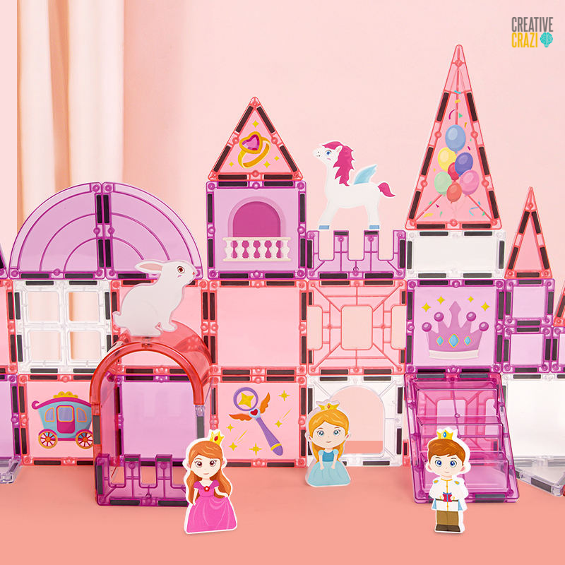 CreativeCrazi Princess Theme STEM Magnetic Building Tiles Educational Toys Set 37/58 pcs Pink Castle Design with Unicorn & Princess Figures