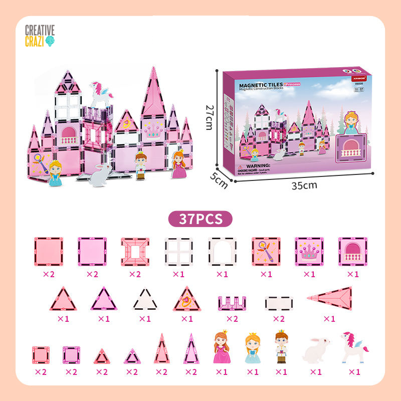 CreativeCrazi Princess Theme STEM Magnetic Building Tiles Educational Toys Set 37/58 pcs Pink Castle Design with Unicorn & Princess Figures