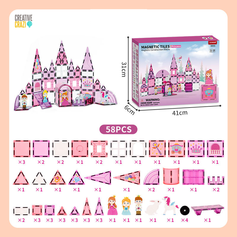 CreativeCrazi Princess Theme STEM Magnetic Building Tiles Educational Toys Set 37/58 pcs Pink Castle Design with Unicorn & Princess Figures