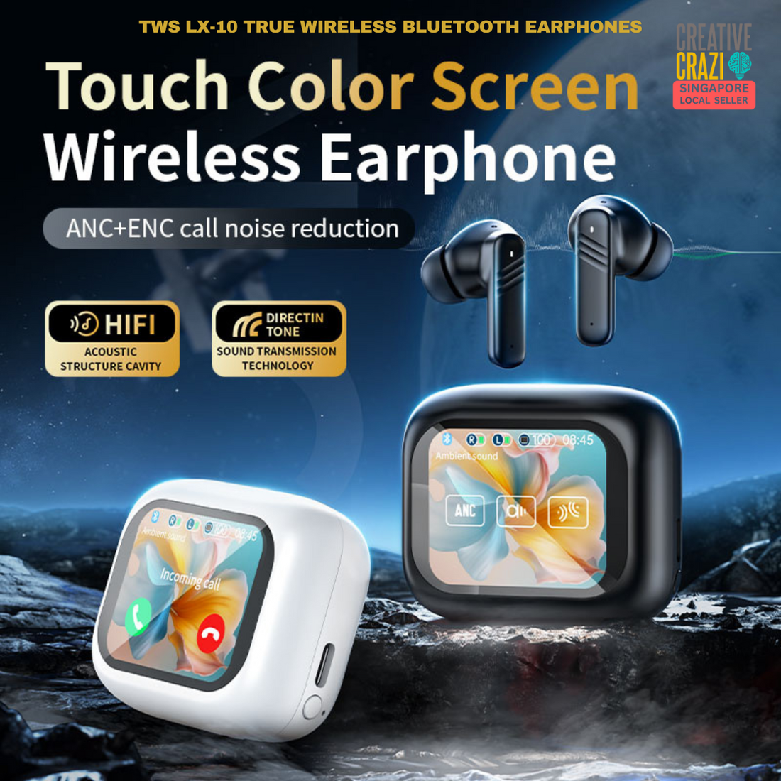 LX-10 Bluetooth Earbuds ANC ENC Noise Cancelling - LED Touch Screen Bluetooth 5.4 Wireless Earphones