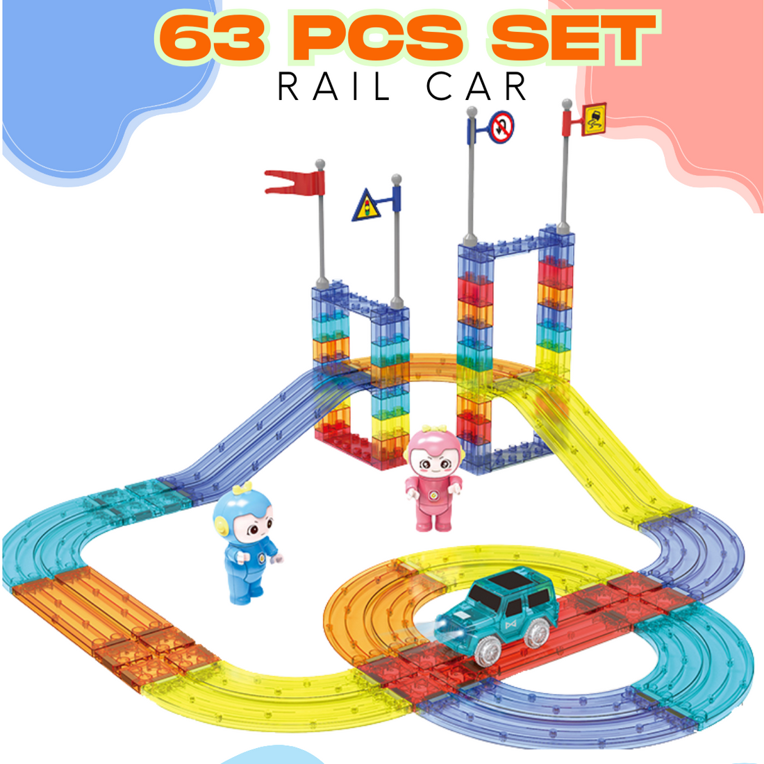 Magnetic Tiles with Railcar Track 63/154pcs - STEM Building Blocks Slide Race Toy for Kids