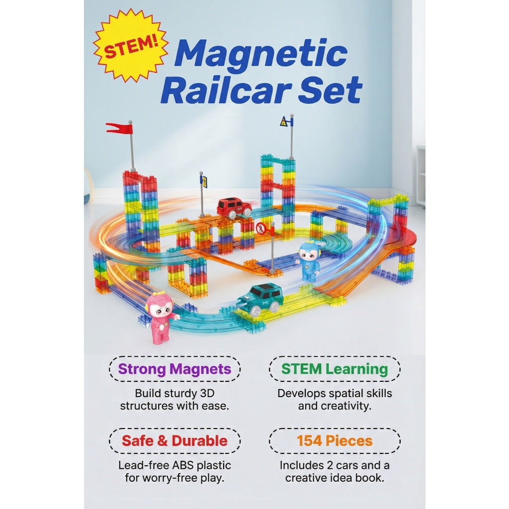 Magnetic Tiles with Railcar Track 63/154pcs - STEM Building Blocks Slide Race Toy for Kids