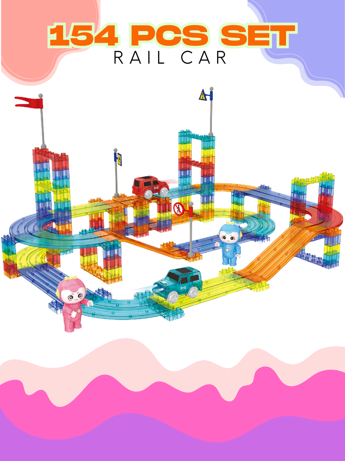 Magnetic Tiles with Railcar Track 63/154pcs - STEM Building Blocks Slide Race Toy for Kids