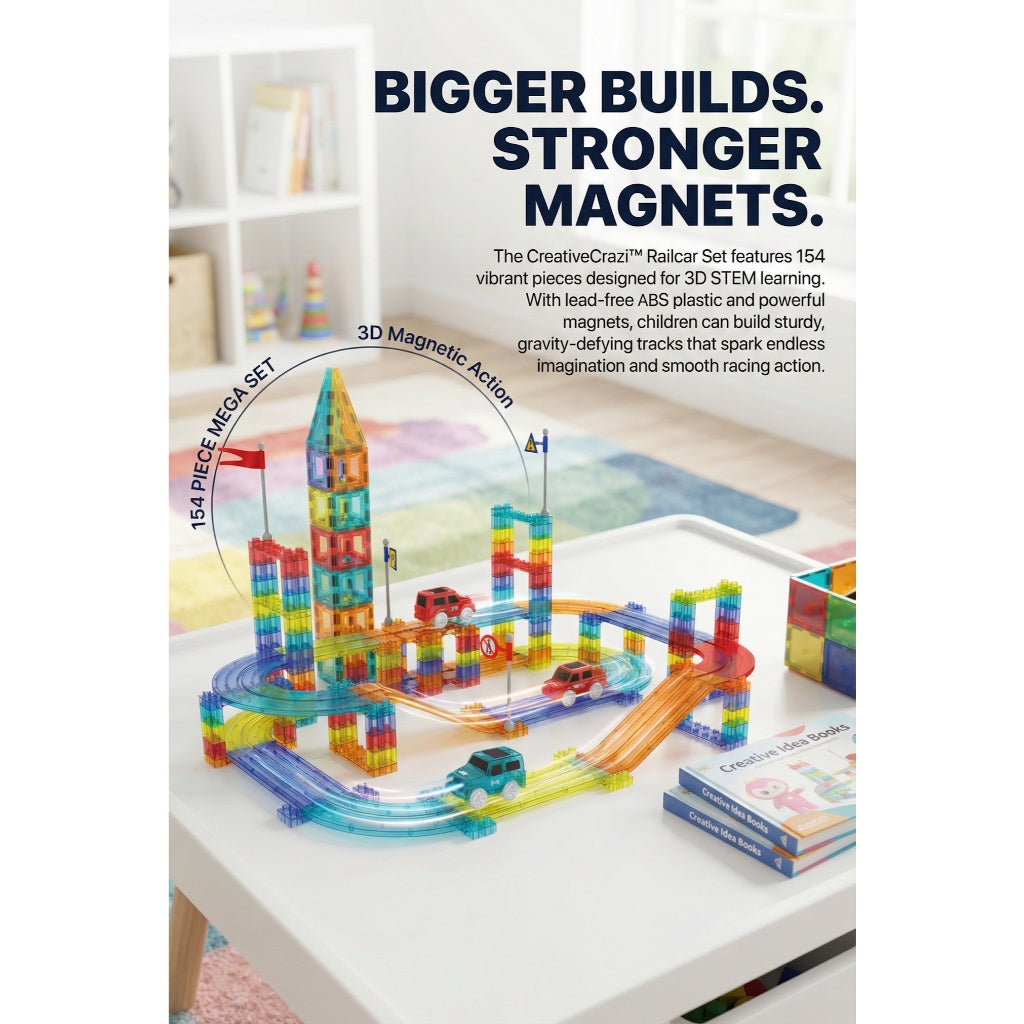CreativeCrazi™ Magnetic Building Blocks Tiles Set with 2 Cars & Idea Book STEM Toy 63/154 Pcs