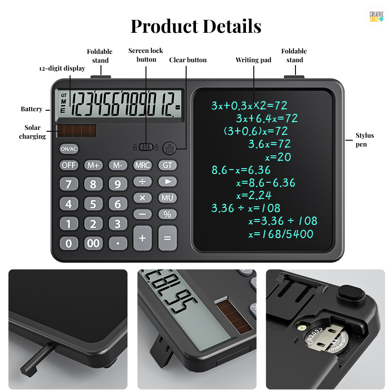 CreativeCrazi 2 in 1 Solar calculator with a 12-digit digital LCD writing board