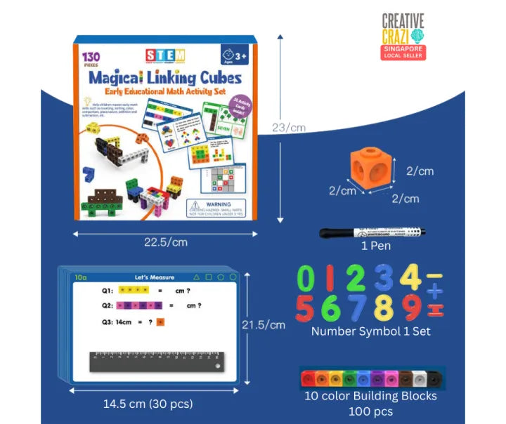 CreativeCrazi STEM Magical Linking Cubes Set (130pcs) – Educational Math Manipulative Toy for Kids | Counting, Sorting, Building | 3+ Preschool Learning