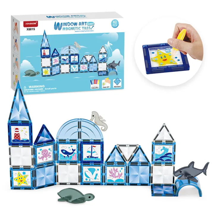 CreativeCrazi Window Art Magnetic Tiles STEM Building Blocks Educational Toys With Color Glue Gel for Kids