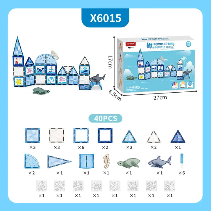 CreativeCrazi Window Art Magnetic Tiles STEM Building Blocks Educational Toys With Color Glue Gel for Kids