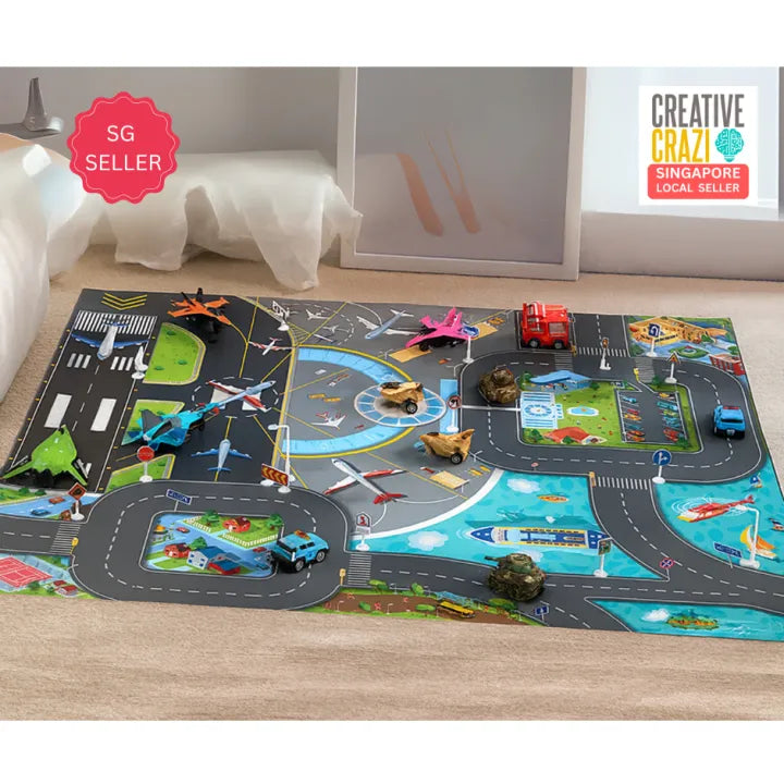Creative Crazi Kids Airport & City Adventure Playmat 80x70cm | Large Portable Educational Toy Mat | City Road Car Carpet Rug for Boys & Girls | Vehicle Game Pad