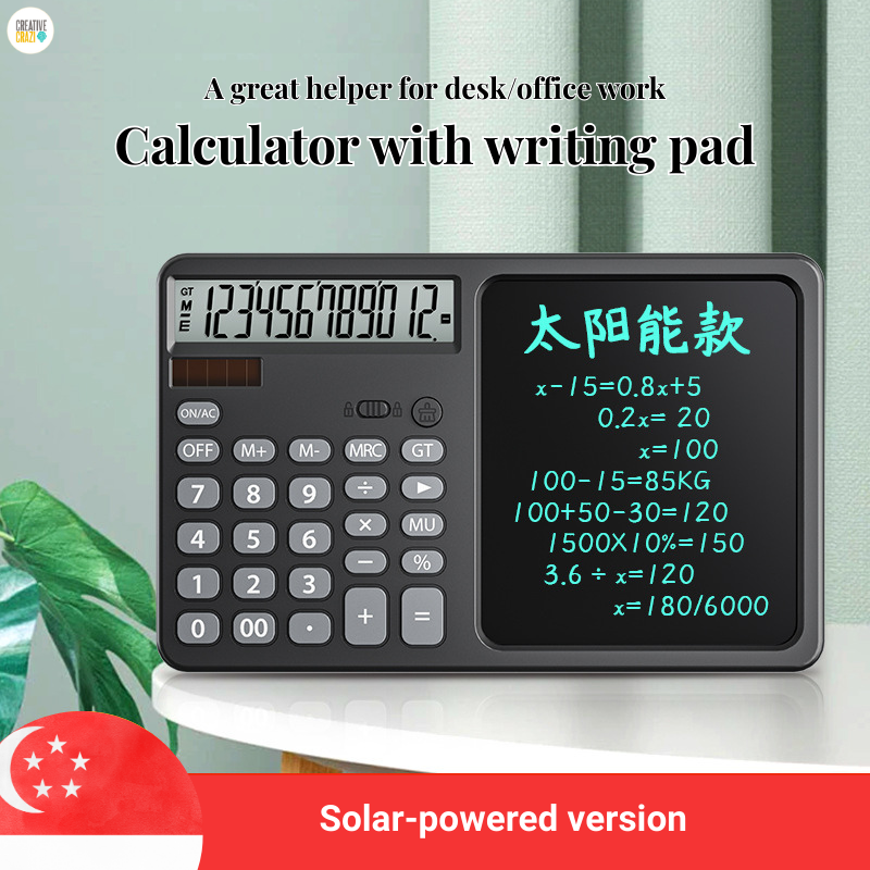 LCD Writing Tablet with Solar Calculator 2-in-1 - 12-Digit Portable Notepad Memo Office Student