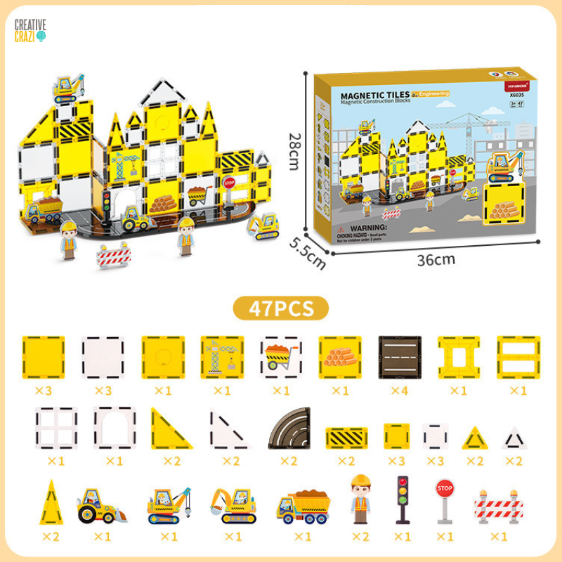 CreativeCrazi STEM Magnetic Building Tiles – 3D Engineering Construction Set (42, 47, 60, or 88 Sets)