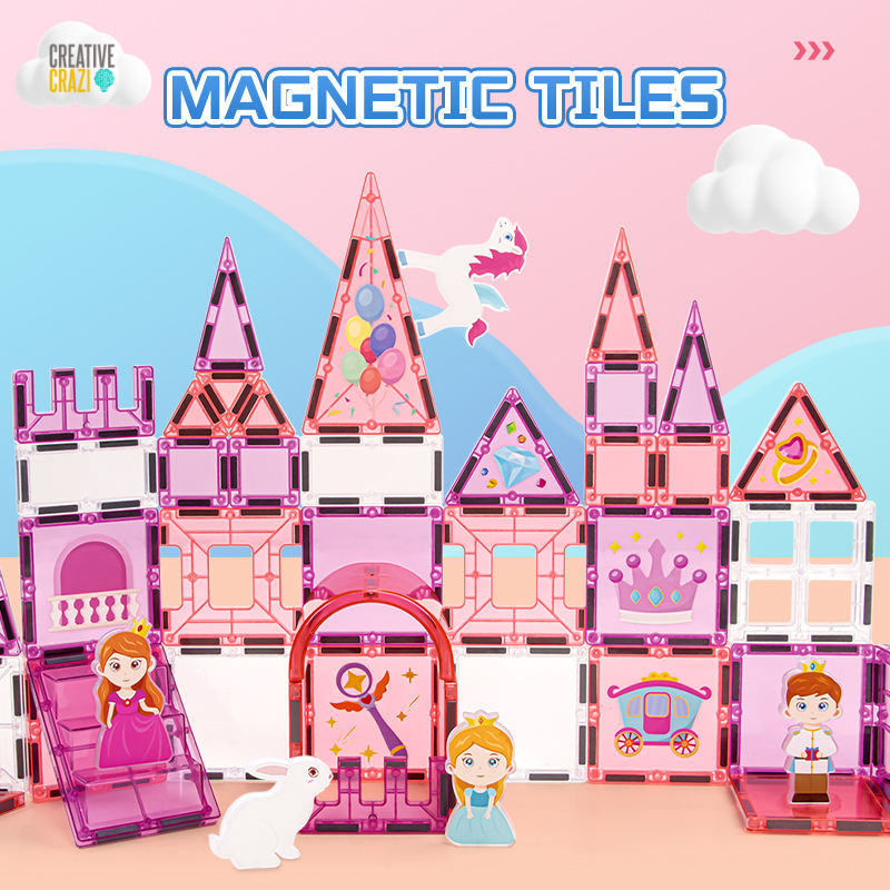 CreativeCrazi Princess Theme STEM Magnetic Building Tiles Educational Toys Set 37/58 pcs Pink Castle Design with Unicorn & Princess Figures