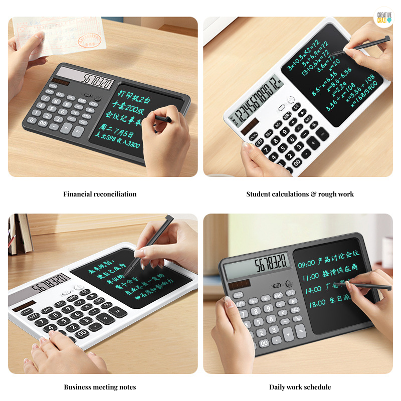 LCD Writing Tablet with Solar Calculator 2-in-1 - 12-Digit Portable Notepad Memo Office Student