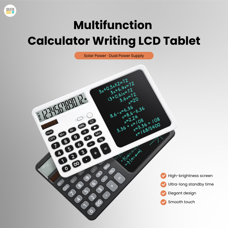LCD Writing Tablet with Solar Calculator 2-in-1 - 12-Digit Portable Notepad Memo Office Student
