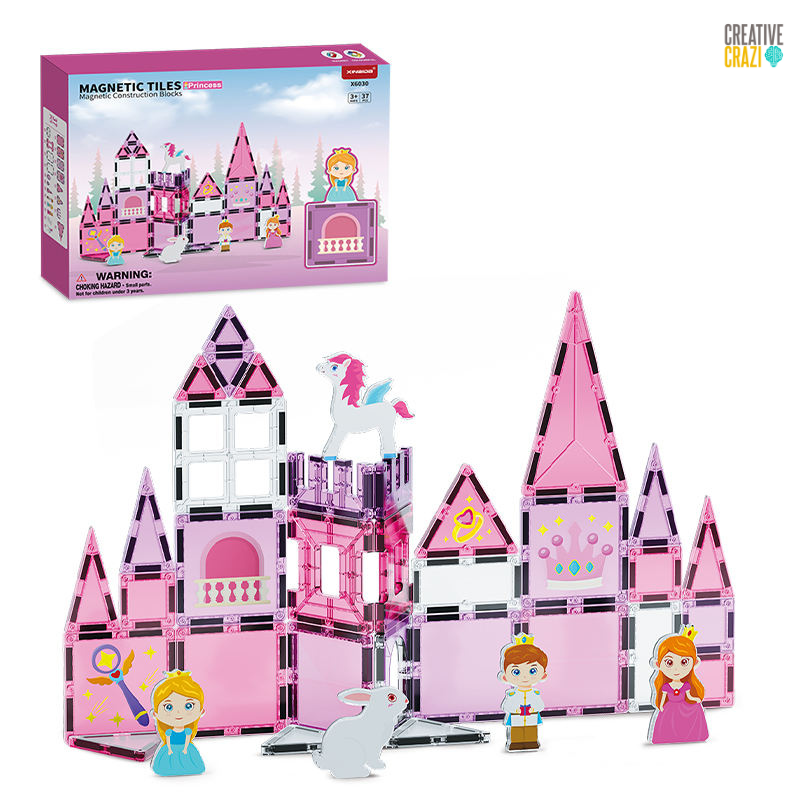 CreativeCrazi Princess Theme STEM Magnetic Building Tiles Educational Toys Set 37/58 pcs Pink Castle Design with Unicorn & Princess Figures