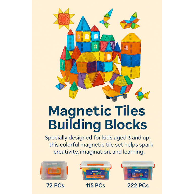 CreativeCrazi STEM Magnetic Building Block Tiles Toy with Strong Magnets 71/115/222 pcs with Storage Box
