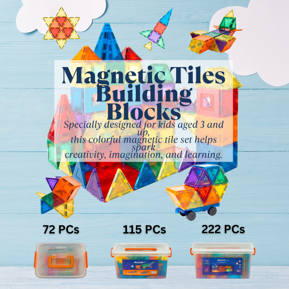CreativeCrazi STEM Magnetic Building Block Tiles Toy with Strong Magnets 71/115/222 pcs with Storage Box