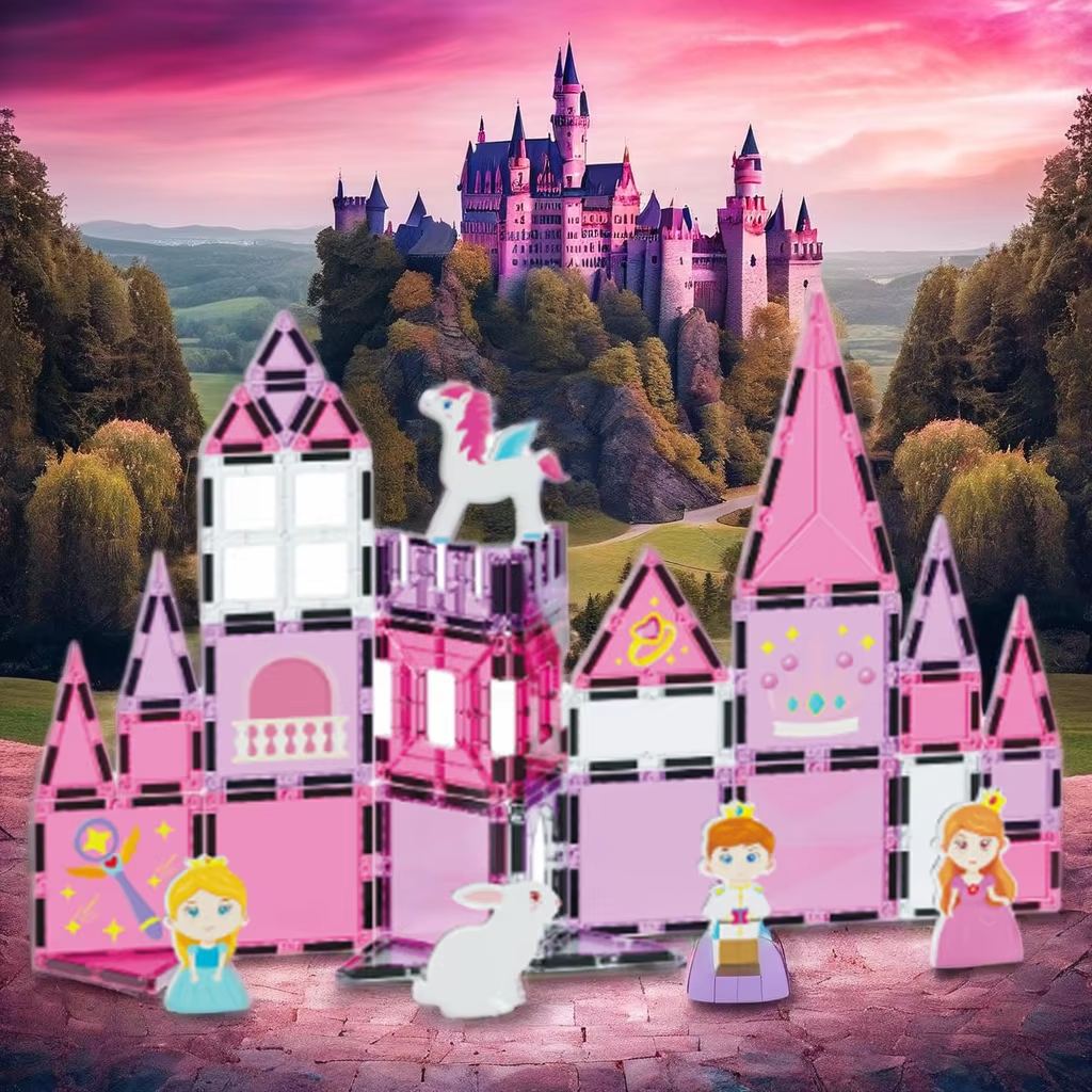 CreativeCrazi Princess Theme STEM Magnetic Building Tiles Educational Toys Set 37/58 pcs Pink Castle Design with Unicorn & Princess Figures