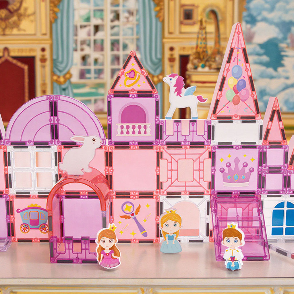 CreativeCrazi Princess Theme STEM Magnetic Building Tiles Educational Toys Set 37/58 pcs Pink Castle Design with Unicorn & Princess Figures
