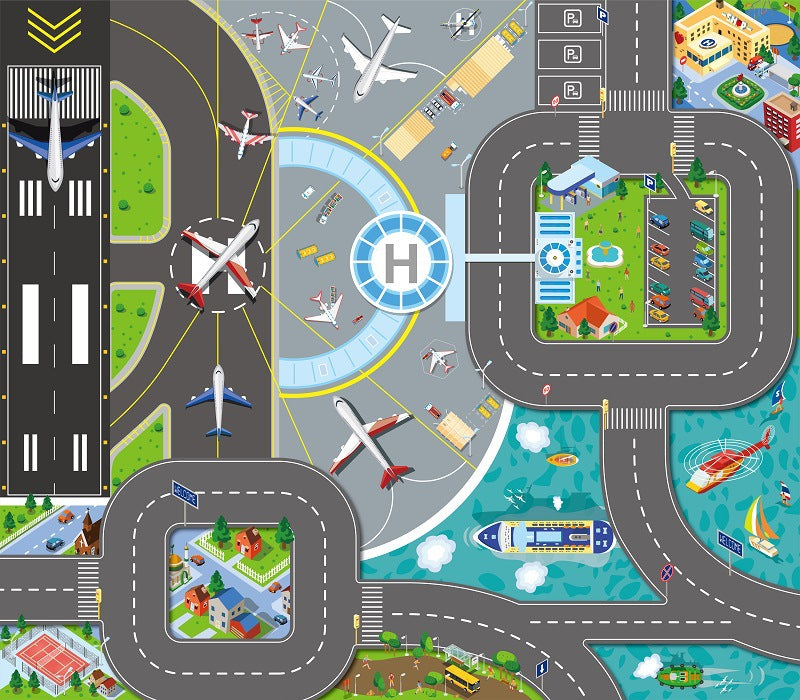 Creative Crazi Kids Airport & City Adventure Playmat 80x70cm | Large Portable Educational Toy Mat | City Road Car Carpet Rug for Boys & Girls | Vehicle Game Pad