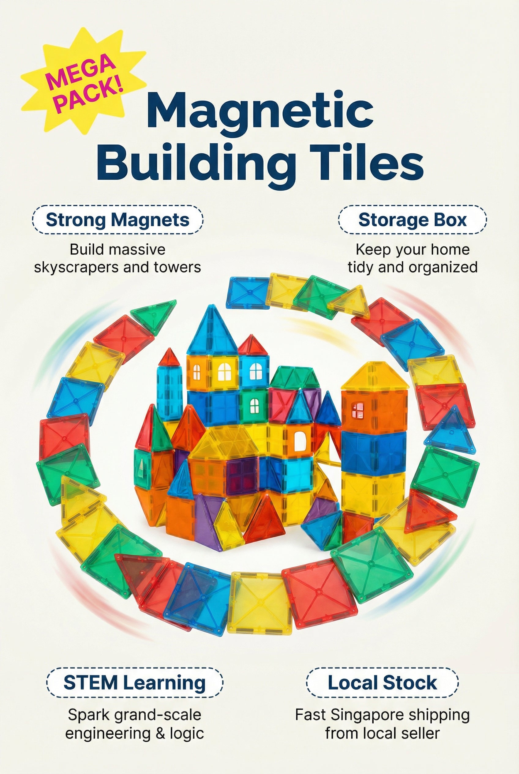 CreativeCrazi STEM Magnetic Building Block Tiles Toy with Strong Magnets 71/115/222 pcs with Storage Box