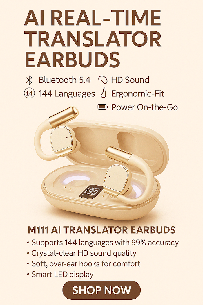 AI Real-Time Translator Earbuds M111– Bluetooth 5.4 , 144 Languages , Wireless Translation for Travel & Business