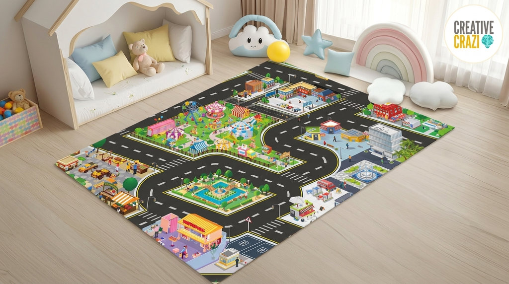 Creative Crazi Kids Airport & City Adventure Playmat 80x70cm | Large Portable Educational Toy Mat | City Road Car Carpet Rug for Boys & Girls | Vehicle Game Pad