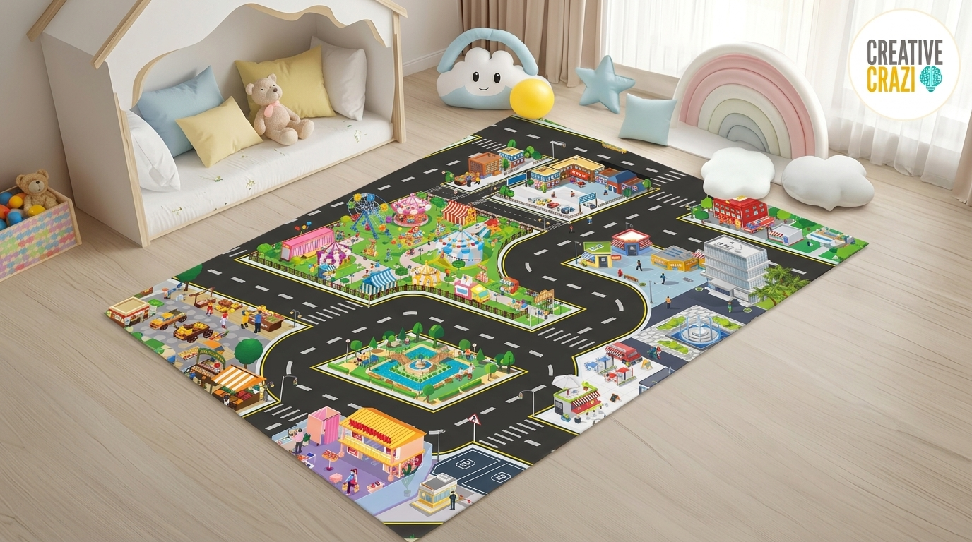 Creative Crazi Kids Airport & City Adventure Playmat 80x70cm | Large Portable Educational Toy Mat | City Road Car Carpet Rug for Boys & Girls | Vehicle Game Pad