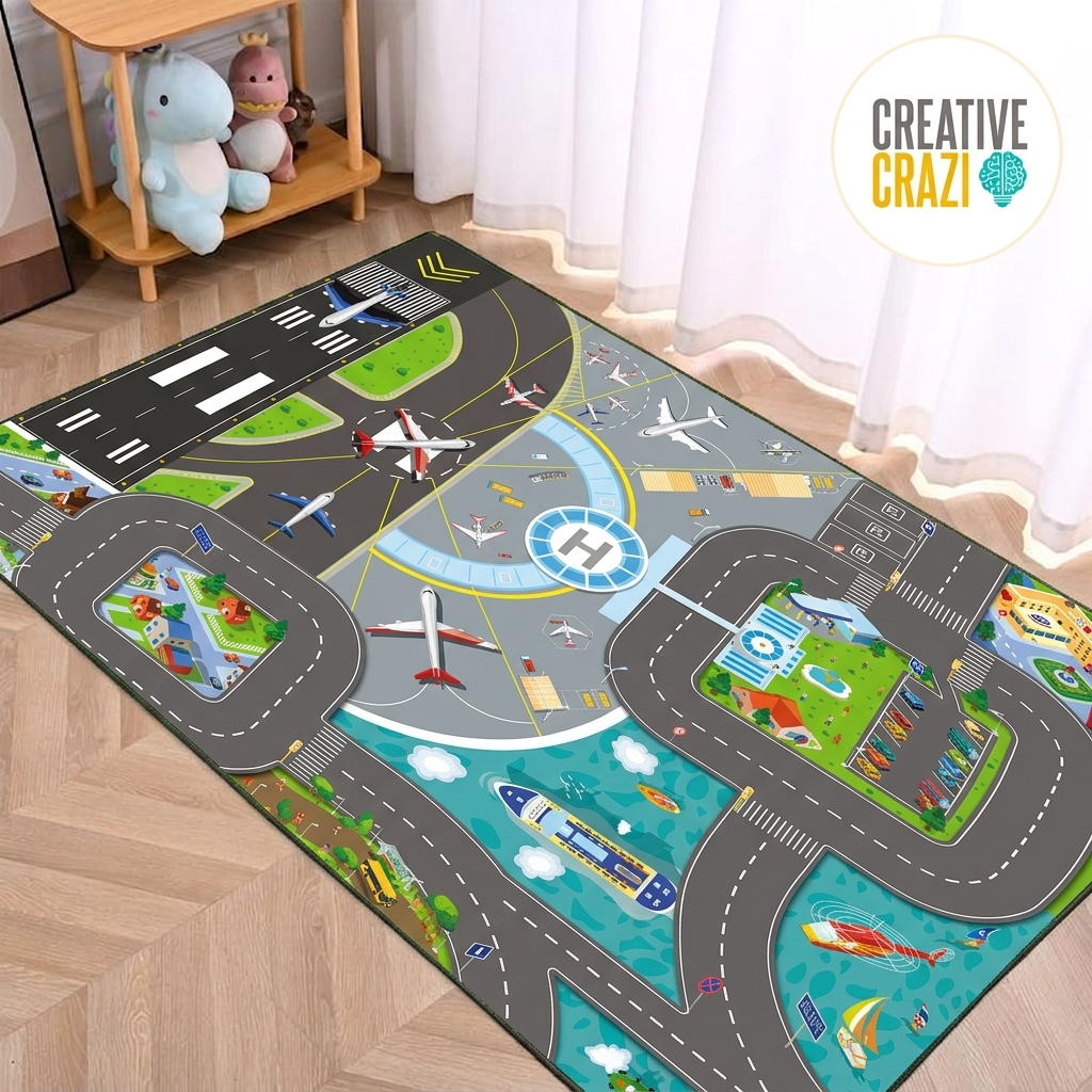 Creative Crazi Kids Airport & City Adventure Playmat 80x70cm | Large Portable Educational Toy Mat | City Road Car Carpet Rug for Boys & Girls | Vehicle Game Pad
