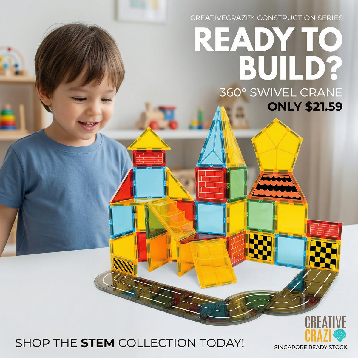 Magnetic Tiles with Crane 42-88pcs - STEM Building Blocks Construction Toy for Kids 3+ Ready Stock