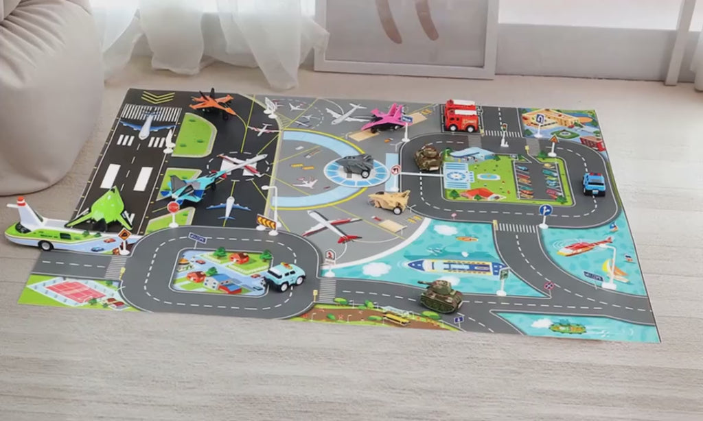 Creative Crazi Kids Airport & City Adventure Playmat 80x70cm | Large Portable Educational Toy Mat | City Road Car Carpet Rug for Boys & Girls | Vehicle Game Pad