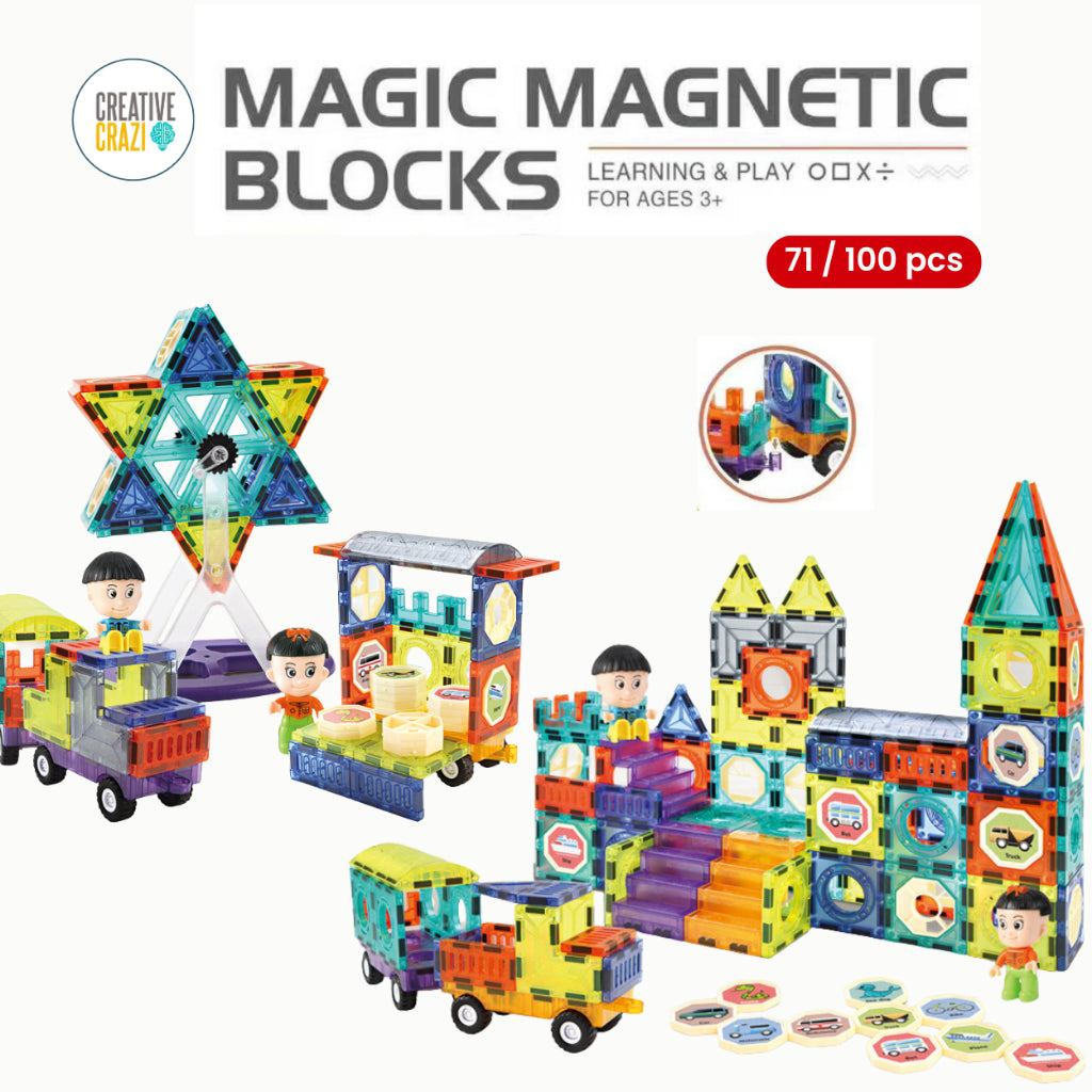 Magnetic Tiles 71/100pcs with Ferris Wheel & 2 Car Bases - STEM Building Blocks Educational Toy Kids 3+