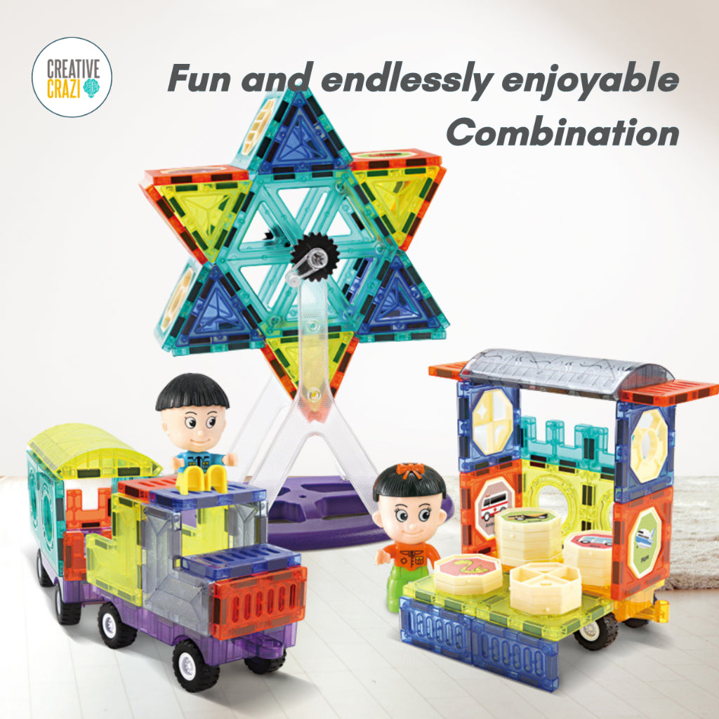 CreativeCrazi STEM Magnetic Blocks 71/100 Pcs - Ferris Wheel & 2 Car Bases - Kids Educational Toy