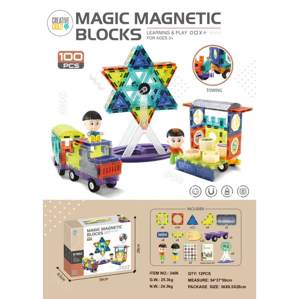 Magnetic Tiles 71/100pcs with Ferris Wheel & 2 Car Bases - STEM Building Blocks Educational Toy Kids 3+