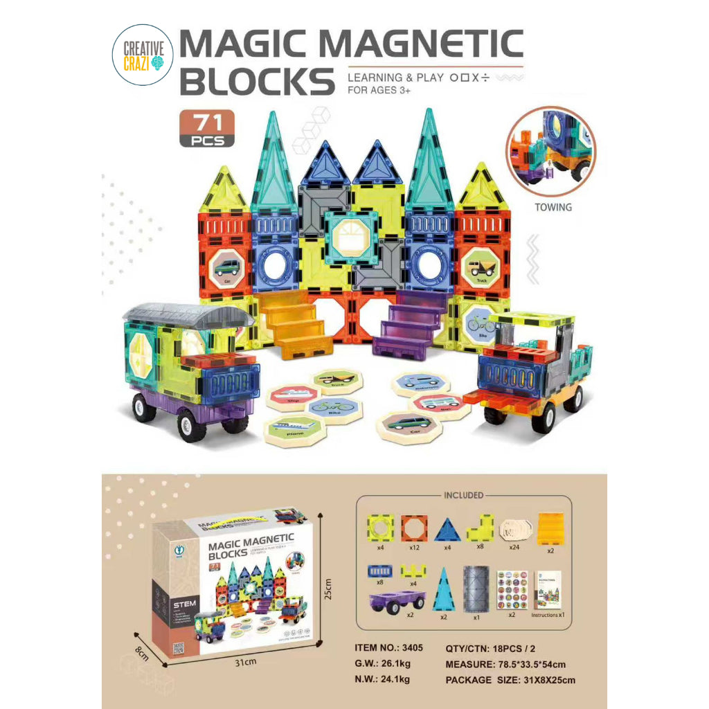 CreativeCrazi STEM Magnetic Blocks 71/100 Pcs - Ferris Wheel & 2 Car Bases - Kids Educational Toy