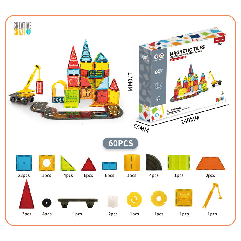 CreativeCrazi STEM Magnetic Building Tiles – 3D Engineering Construction Set (42, 47, 60, or 88 Sets)