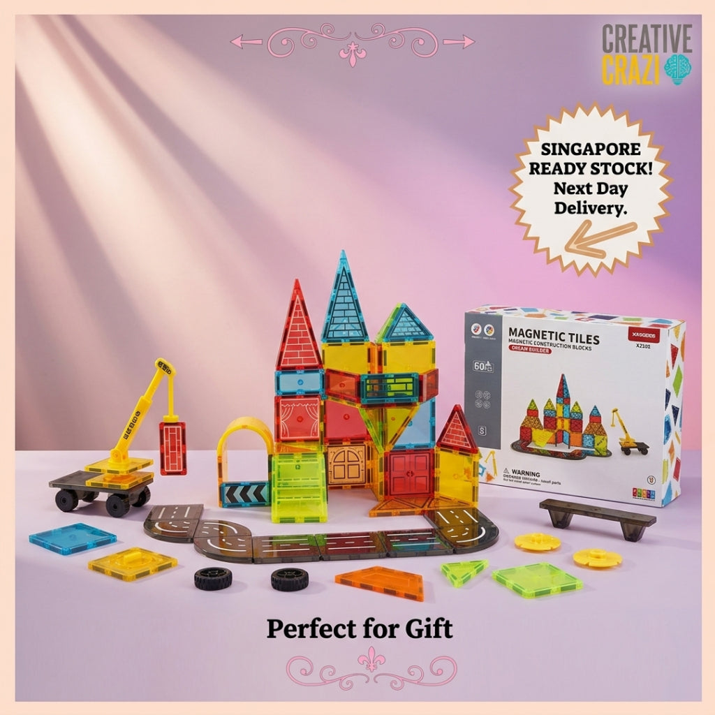 Magnetic Tiles with Crane 42-88pcs - STEM Building Blocks Construction Toy for Kids 3+ Ready Stock